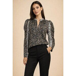 Marie Oliver Leopard Puff Sleeve Top Women XS 100% Cotton Artsy Animal Ruffle
